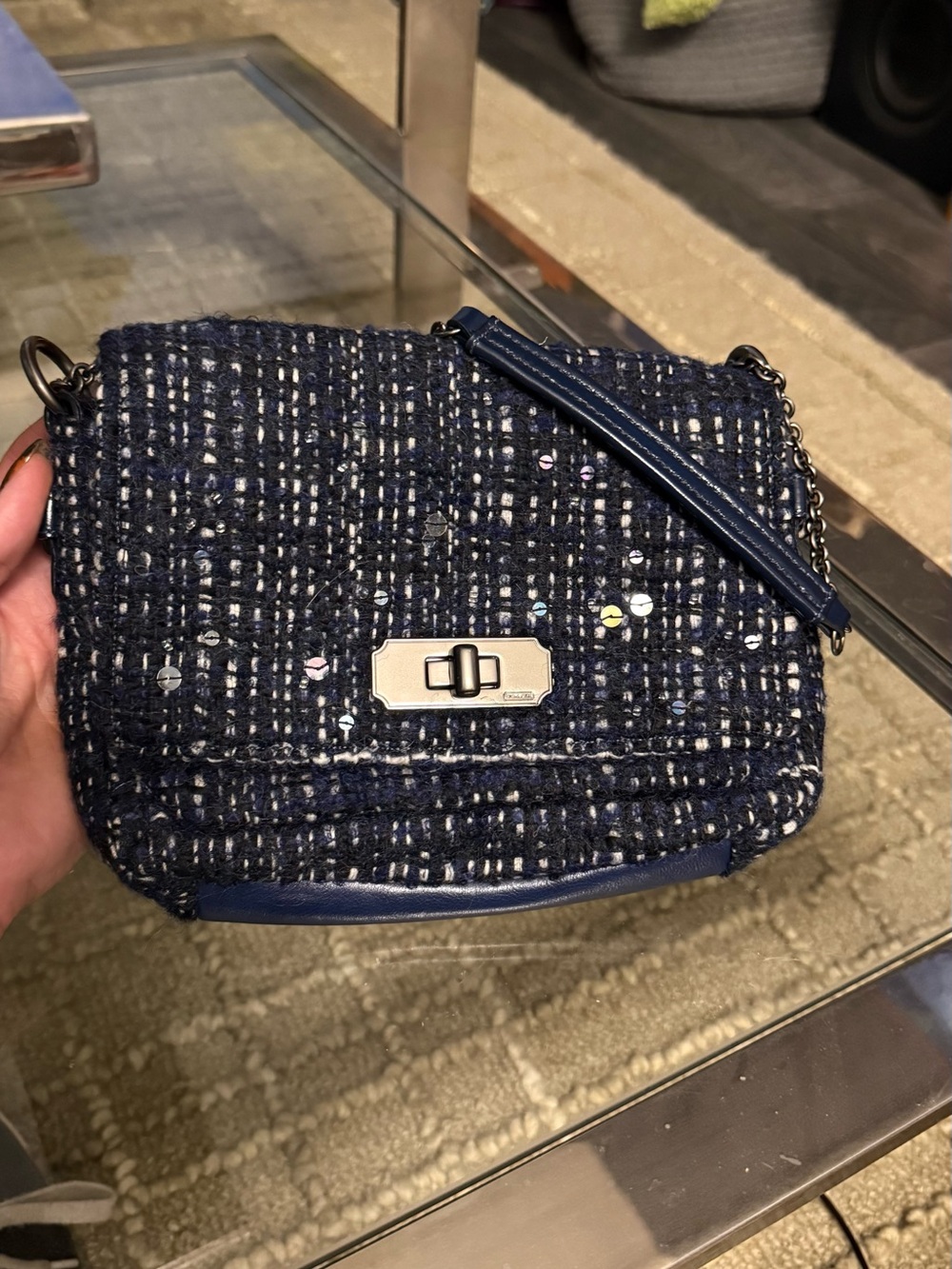 Coach Navy Tweed Crossbody with Silver Turn-Lock
